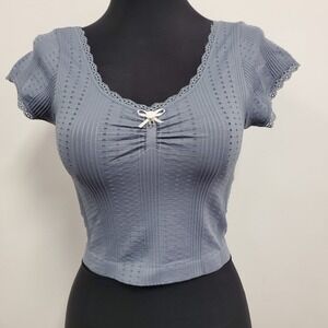 Vital Life Womens Y2K Lace Trim Short Sleeve Cropped Top Size S Blue Twee Preppy